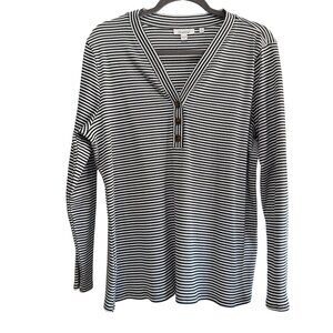 Chico’s Size 3 (XL/16) Black Stripe 3 Button Accent  V Neck Thermal Shirt
